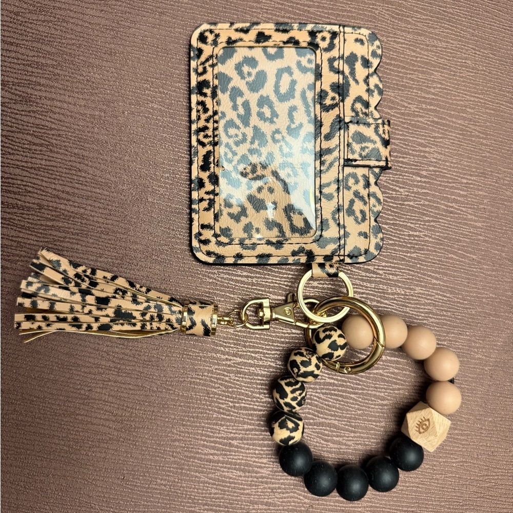 Leopard Print Cardholder Keychain Wristlet with Tassel